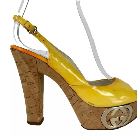 Gucci Auth 4.5 US 34.5 EU Yellow Patent Leather Peeptoe Cork Heels Shoes Runway - Picture 5 of 13